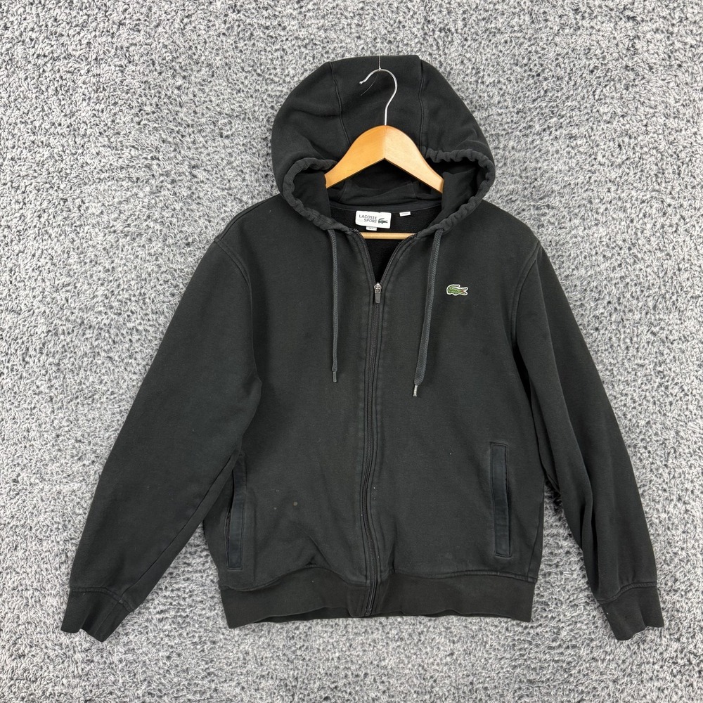 Lacoste Sport Hoodie Mens Medium Black Full Zip Fleece Sweatshirt Croc Logo